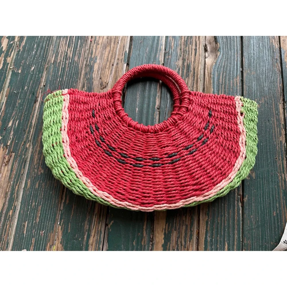 3AM Forever Watermelon Straw Woven Handbag Crossbody Summer Bag Red Green